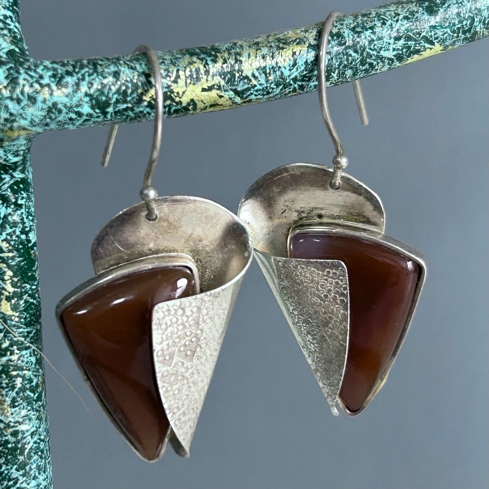 Modernist Sterling Silver Drop Earrings Carnelian Studio Artisan Sculptural 925